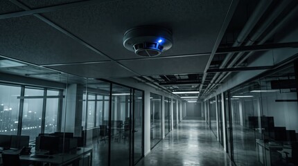 Fototapeta premium Modern smoke detector with glowing blue light on office ceiling in dark cinematic hallway