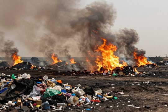 Landfill fire burns through piles of discarded waste as dense black smoke rises above a large open waste disposal site.