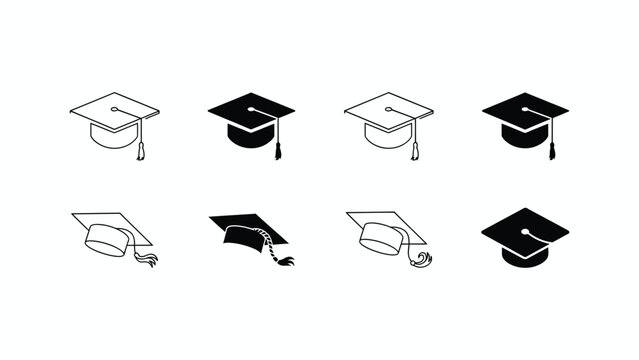 Set of graduation cap icons in linear and silhouette style designs