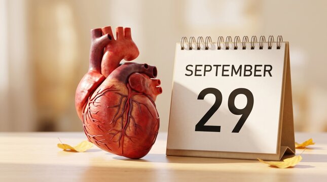 World Heart Day on 29 September, featuring a realistic anatomical heart beside a calendar