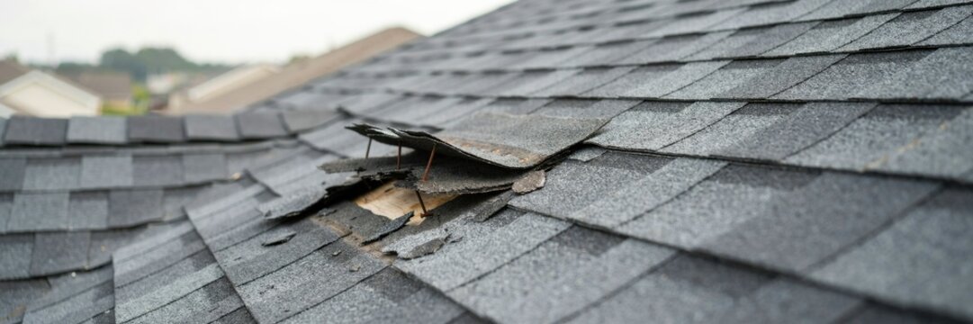 Damaged asphalt shingles on residential roof showing loose curled edges exposed wood sheathing needing urgent home maintenance.