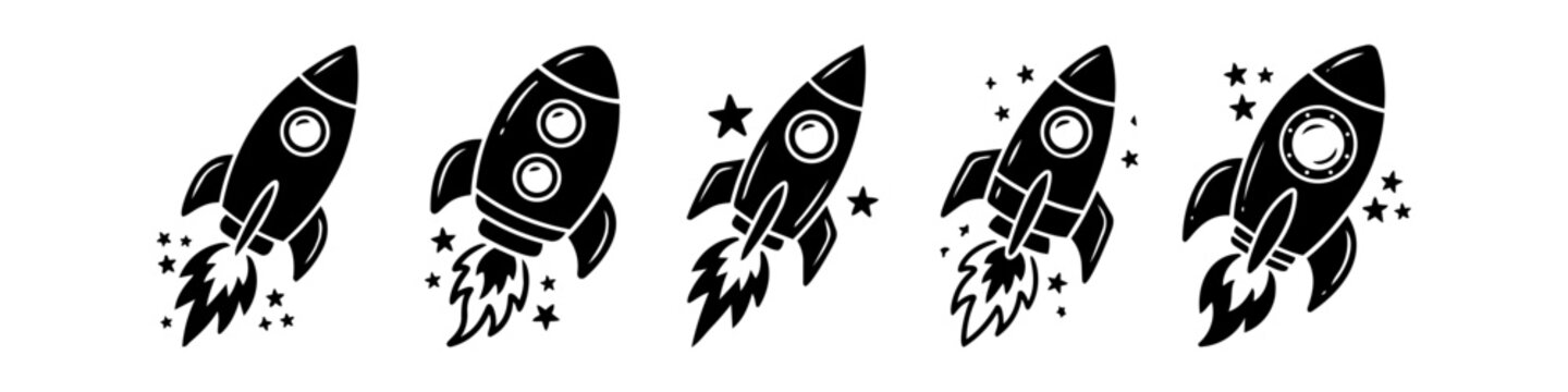 Set of five stylized black rocket icons launching into space with stars and fire trails. Creative flat vector design of spacecraft silhouettes for start-up and business growth concepts.
