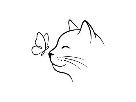 Minimalist continuous line art of a cute cat looking at a small butterfly