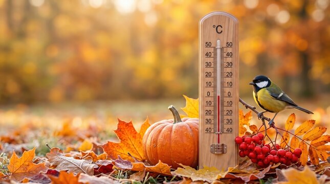Autumn still life with a thermometer, pumpkin, red berries, fallen leaves and a small bird, illustrating seasonal cooling, temperature changes and fall weather