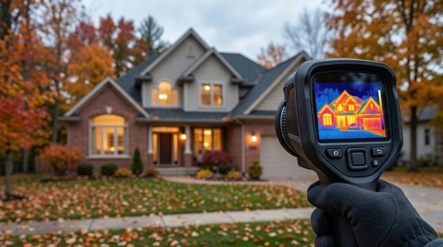 Thermal imaging camera inspecting a residential house in autumn, visualizing heat loss through walls and windows and illustrating home energy efficiency and insulation
