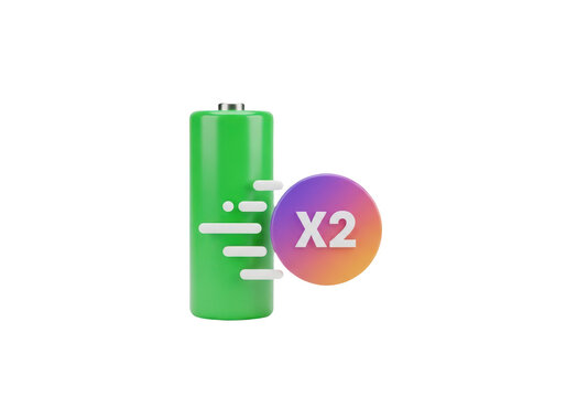 3d render of a green battery with an x2 multiplier icon isolated on transparent background