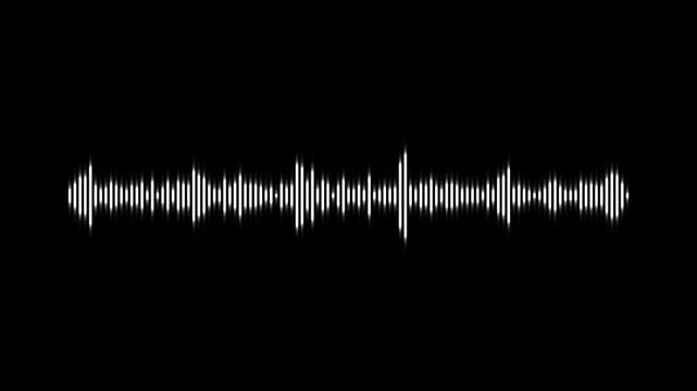 Modern white audio visualizer animation, dynamic sound waveform spectrum line, music equalizer frequency bars moving rhythmically, digital podcast signal loop isolated on dark black background in 4k