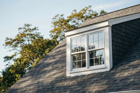Traditional residential house features dark gray asphalt shingle roof with elegant white double hung window dormer.