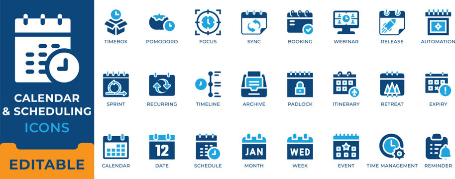 Calendar Scheduling Time Management Solid Icon Set - editable vectors for booking and productivity.
