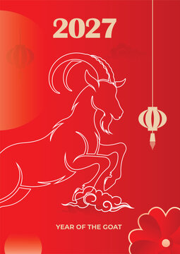 Happy Chinese new year 2027 poster vector set. Year of the Goat zodiac template with horse and Chinese lantern on orange background. Design for card, cover, social media, Happy New Year, ads.	