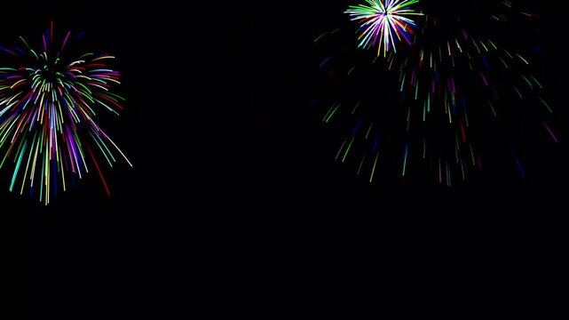 Colorful Fireworks on Plain Black Background for Video Editing, Overlays, Motion Graphics, Visual Effects, Animation, Celebrations, Events, Design Projects and Stock Footage