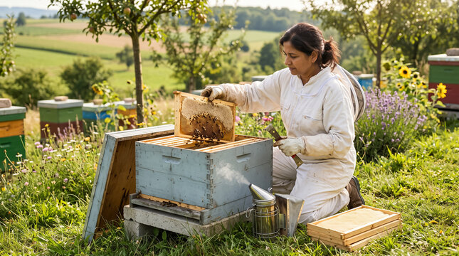 Beekeeper inspecting honeycomb frame at wooden beehive in sunny outdoor apiary. Concept of opened, managed, bee frame, apiculture, beekeeping, honey bee.