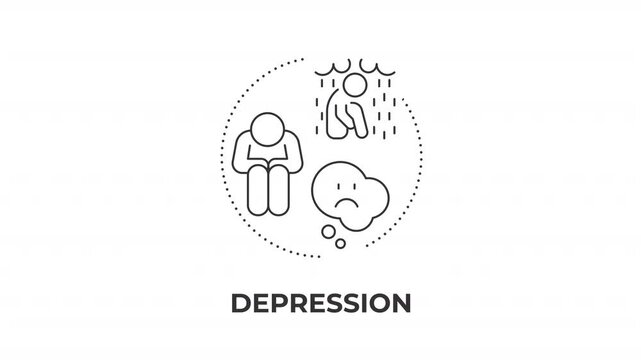 Depression animated line concept icon. Profound professional burnout. Clinical depression symptoms. Emotional trauma response. Flat linear graphic motion. Minimalist black outline animation