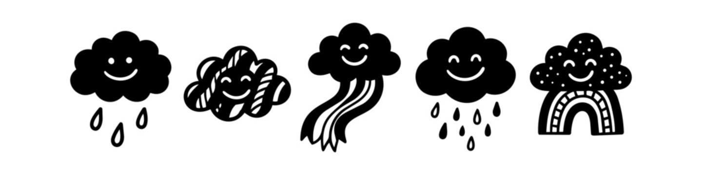 A charming collection of five hand-drawn smiling cloud characters with raindrops and rainbows. Minimalist black and white doodle illustrations perfect for kids' nursery decor and banner designs.