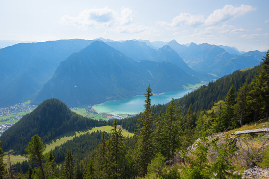 view from above to lake Achensee, tyrolean alps