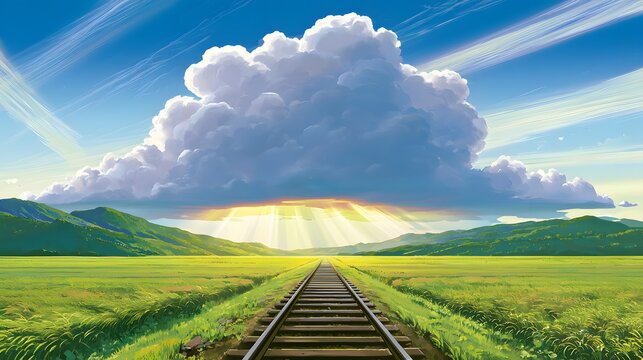 Cinematic anime landscape of a railroad track through lush green rice fields under golden sunbeams