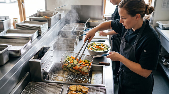 Female cook frying sliced fresh vegetables in deep fryer basket in commercial restaurant kitchen. Concept of process, worker, chef.
