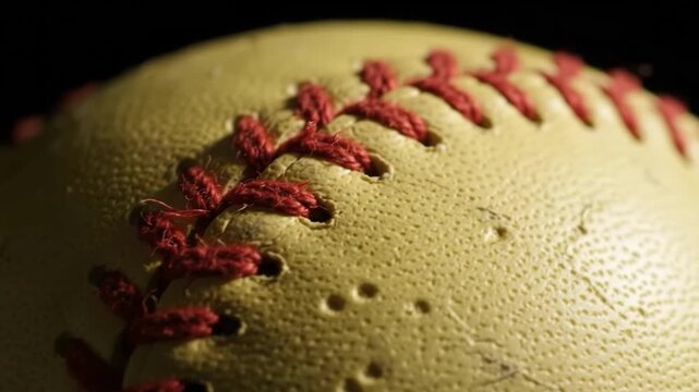 Close-up of a yellow softball with red stitching, highlighting the texture and detail of the sports equipment.