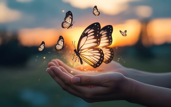 Human hands gently cradle glowing monarch butterflies emerging against a vibrant sunset sky
