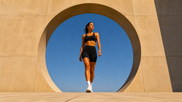 Athletic woman in white activewear walking through a circular opening in monumental concrete architecture, ideal for fitness, sportswear, wellness and lifestyle advertising.