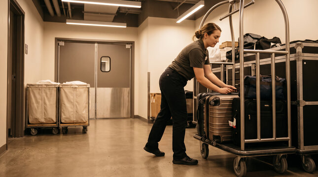 Hotel employee loading guest suitcases onto a metal luggage cart in service area. Concept of hospitality, bellhop, baggage, concierge. Copy space.