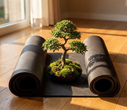 Small bonsai tree on a black yoga mat on wooden floor