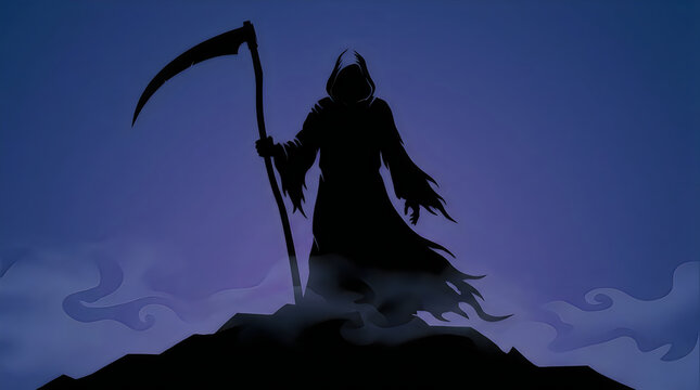 Grim reaper silhouette with scythe in a dark foggy night illustration