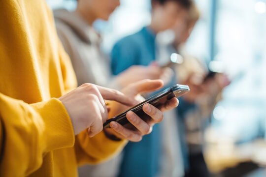 Group young people stand together each absorbed in browsing, typing on their smartphones. Digital addiction, social media, mobile application. Social network society generation, internet online. Gen Z