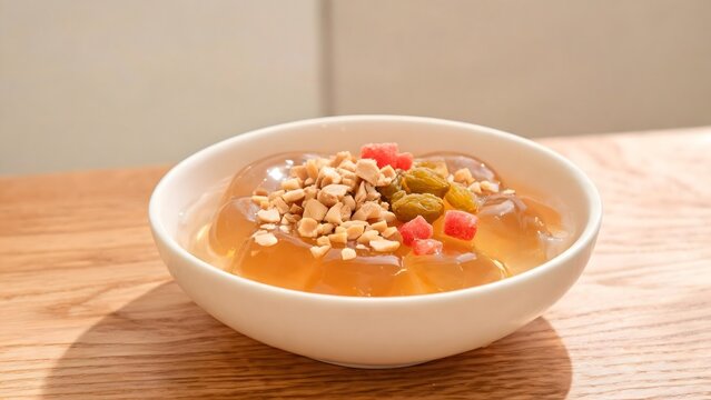 Orange Jelly Dessert Bowl with Toppings on Wood Table