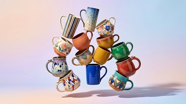 A large stack of colorful ceramic coffee mugs balanced in a creative artistic arrangement. colorful mug arrangement
