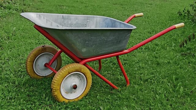 Red garden wheelbarrow on green grass lawn, empty cart for gardening work, outdoor tool equipment, countryside farming, rural household scene, agricultural helper concept.