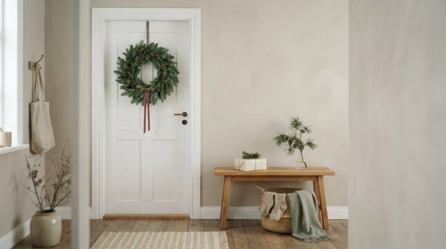 Happy Cristmas Minimalist Entryway with Green Wreath and Wooden Table