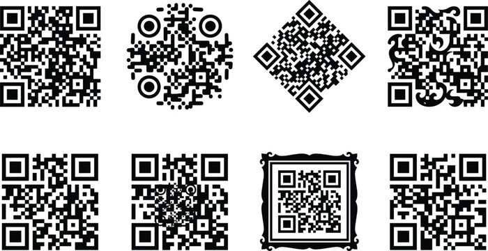 Collection of eight creative black and white QR code designs with decorative geometric variations vector illustration