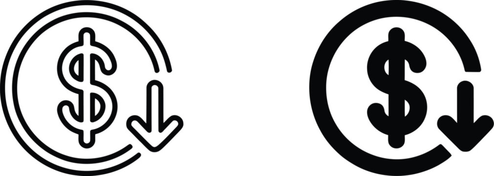 Cost reduction icon, dollar decrease symbol representing lower expenses, profit decline, cost saving, financial planning, business budgeting, and economic management.