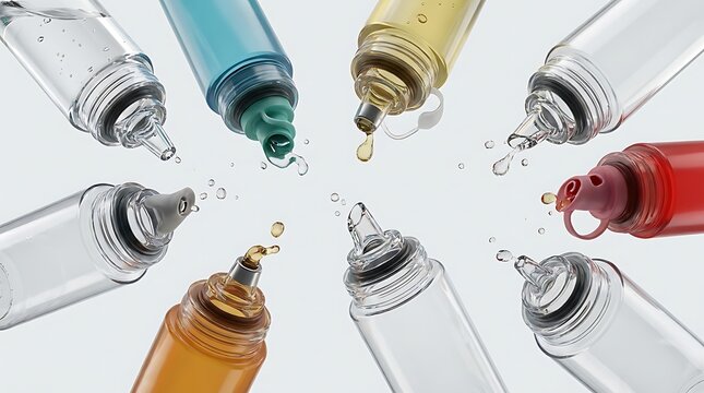Colorful plastic squeeze bottles with liquid dripping from the nozzles in a circular arrangement. drip safe bottles