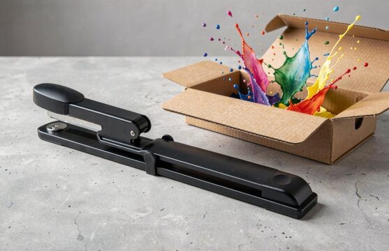 Black booklet stapler next to cardboard box with colorful paint splash
