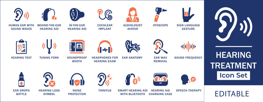 Hearing Treatment icon set featuring hearing aid, audiologist, cochlear implant, hearing loss, otoscope, ear anatomy, tinnitus, ear drops, sound test and speech therapy. Flat vector icons.