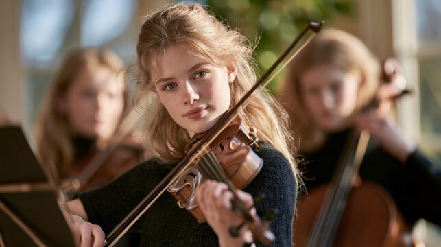 Young female violin player practicing indoors with focused expression