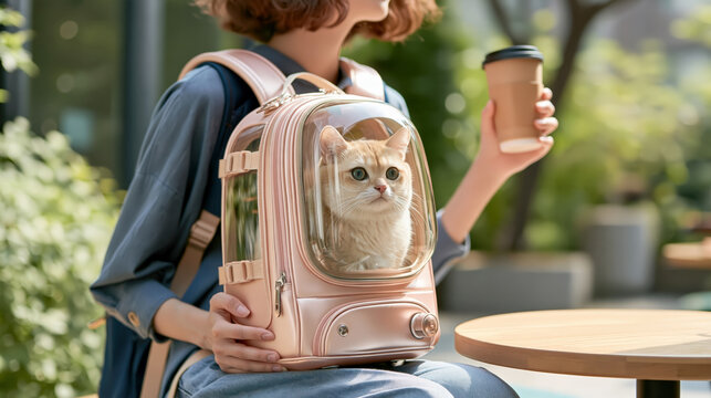 Woman sitting outdoors holding cup with cat in transparent bubble backpack carrier
