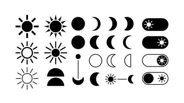 Set of black icons representing sun phases moon cycles and day night toggle switches for digital interface design