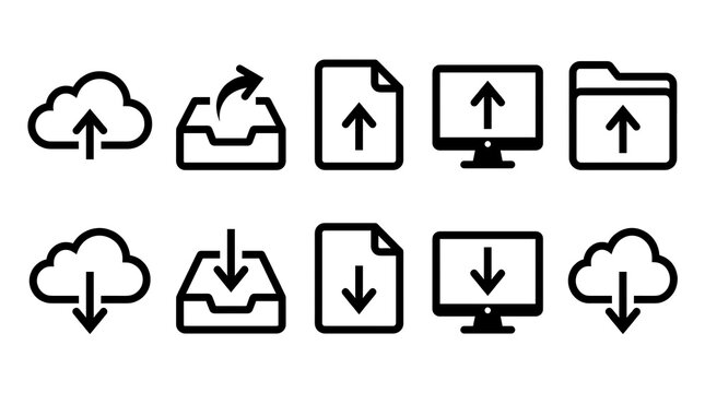 Set of black outline icons representing data upload and download operations