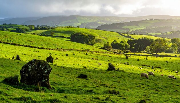 Lush green rolling hills bathed in soft sunlight under a dramatic cloudy sky, showcasing natural countryside beauty
