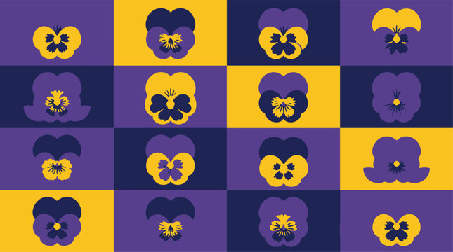 A collection of stylized pansy flower icons arranged in a grid with purple and yellow colors.