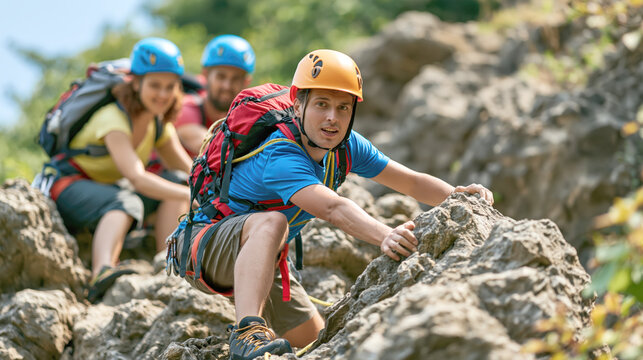Group of People Climbing Rocky Mountain Wearing Helmet and Backpack
