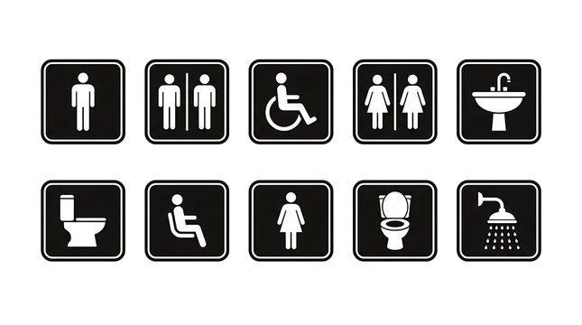 Set of black and white restroom and bathroom navigation sign icons for public building facilities