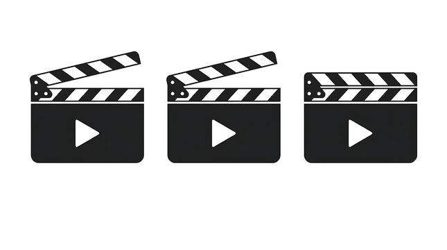 Set of black film clapper board icons with play buttons for video production and cinematography concepts
