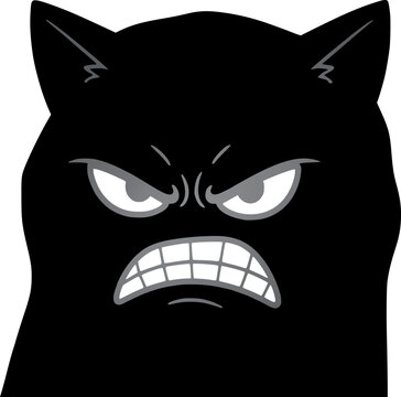Angry black cat vector illustration with a simple minimalist design and grumpy expressive feline face.