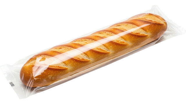 Fresh baked french baguette bread wrapped in clear plastic packaging for sale