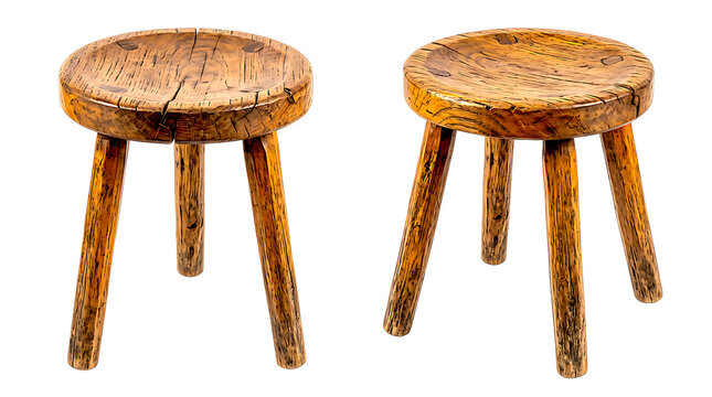 Three legged wooden stool set with rustic textured finish and round seat perfect for retro interior design farmhouse kitchen or bar room furniture decoration.