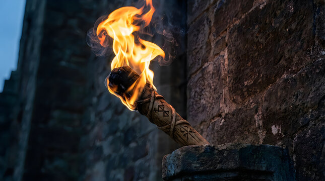 Bright burning torch on a dark stone wall illustration
